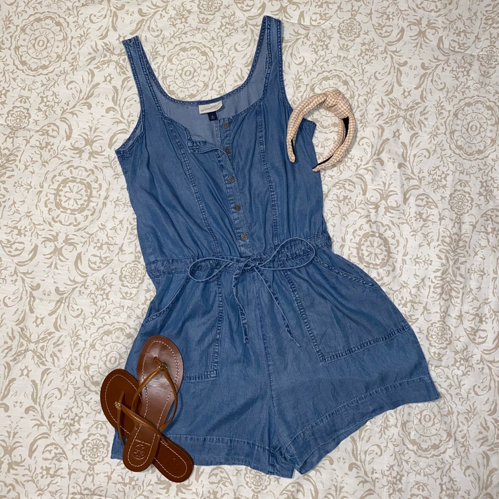 Denim Romper, button down & tie string waist